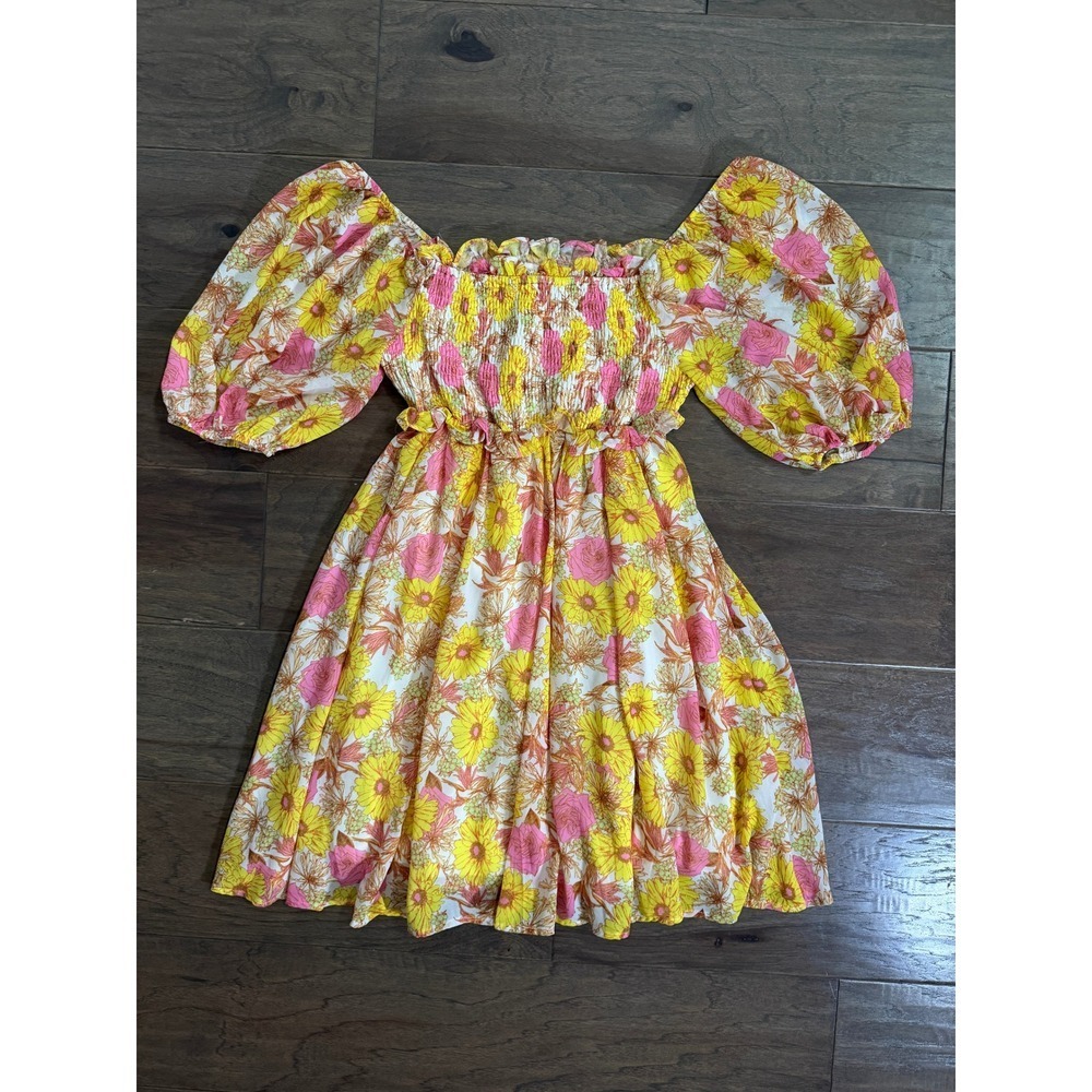 Flying Tomato Yellow Pink Floral Smocked Puff Sleeve Mini Dress ID18717 Medium - Picture 2 of 6